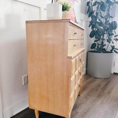 Vintage Mid Century 6-Drawer Highboy Dresser w/Square Puffed Facade, Original Hardware & Tapered Legs by LA Period Furniture