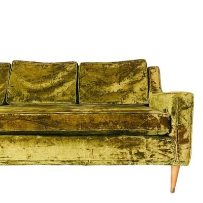 Vintage 1960’s Mid Century Moss Green Crushed Velvet Upholstered Sofa Couch w/Tapered Walnut Legs
