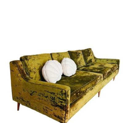Vintage 1960’s Mid Century Moss Green Crushed Velvet Upholstered Sofa Couch w/Tapered Walnut Legs