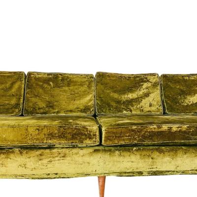 Vintage 1960’s Mid Century Moss Green Crushed Velvet Upholstered Sofa Couch w/Tapered Walnut Legs