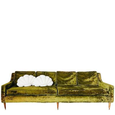 Vintage 1960’s Mid Century Moss Green Crushed Velvet Upholstered Sofa Couch w/Tapered Walnut Legs