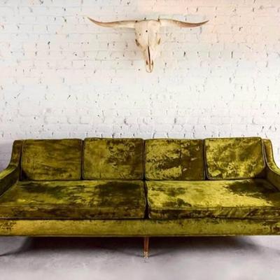 Vintage 1960’s Mid Century Moss Green Crushed Velvet Upholstered Sofa Couch w/Tapered Walnut Legs