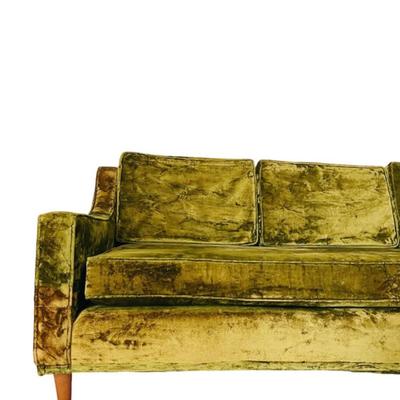 Vintage 1960’s Mid Century Moss Green Crushed Velvet Upholstered Sofa Couch w/Tapered Walnut Legs