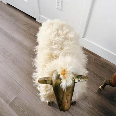 Vintage Mid Century 1975 Wool Wrapped Sheep Stools Sculpture w/Wood Form & Brass Appendages • After François-Xavier Lalanne