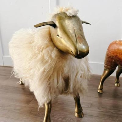 Vintage Mid Century 1975 Wool Wrapped Sheep Stools Sculpture w/Wood Form & Brass Appendages • After François-Xavier Lalanne