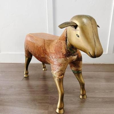 Vintage Mid Century 1975 Wool Wrapped Sheep Stools Sculpture w/Wood Form & Brass Appendages • After François-Xavier Lalanne