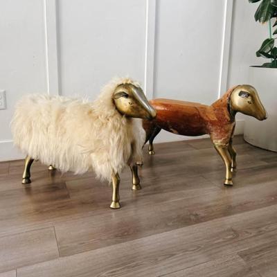 Vintage Mid Century 1975 Wool Wrapped Sheep Stools Sculpture w/Wood Form & Brass Appendages • After François-Xavier Lalanne