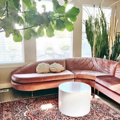 Vintage Mid Century 1960’s 3-Piece Art Deco Mauve Pink Velvet Upholstered Sectional Sofa Couch with/Channel Tufted Shell Back &...