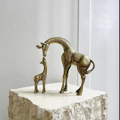 Pair of Vintage Mid Century Brass Momma & Baby Giraffe Statue Figurine Sculpture