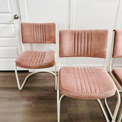 Set of 4 Vintage 1980’s Mauve Channel Tufted Velvet Upholstered Cantilever Dining Chairs w/Powder-coated White Frames