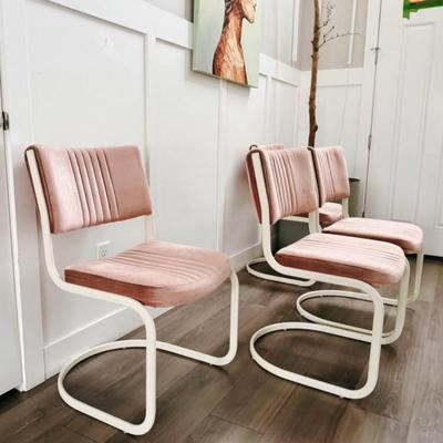 Set of 4 Vintage 1980’s Mauve Channel Tufted Velvet Upholstered Cantilever Dining Chairs w/Powder-coated White Frames