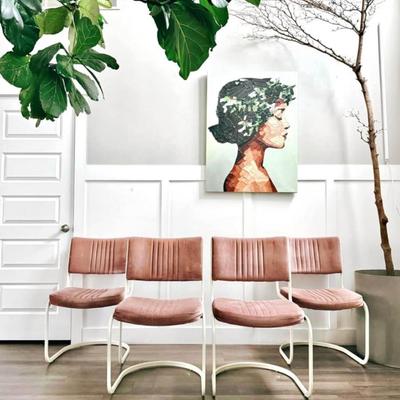 Set of 4 Vintage 1980’s Mauve Channel Tufted Velvet Upholstered Cantilever Dining Chairs w/Powder-coated White Frames