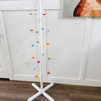 Vintage 1980’s Postmodern White Metal Coat Rack w/Multi-Colored Disc Hooks