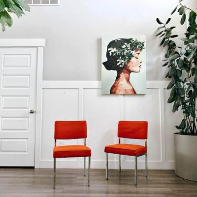 Pair of Vintage Mid Century Orange Heavy Basketweave Upholstered Accent Side Chairs w/Chrome Frames by Steelcase