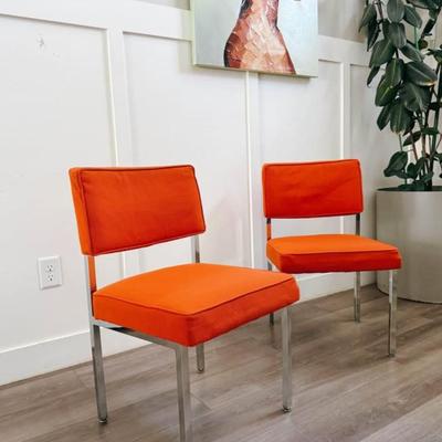 Pair of Vintage Mid Century Orange Heavy Basketweave Upholstered Accent Side Chairs w/Chrome Frames by Steelcase