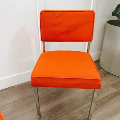 Pair of Vintage Mid Century Orange Heavy Basketweave Upholstered Accent Side Chairs w/Chrome Frames by Steelcase
