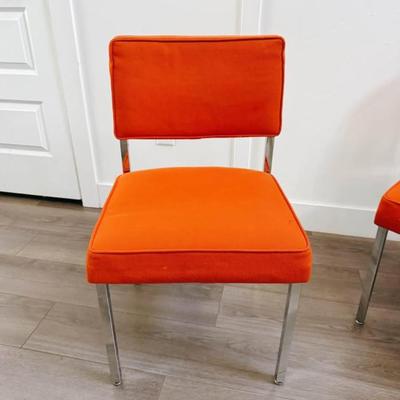 Pair of Vintage Mid Century Orange Heavy Basketweave Upholstered Accent Side Chairs w/Chrome Frames by Steelcase