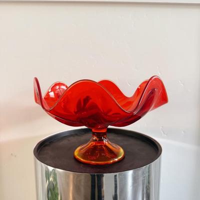 Vintage Mid Century Viking Persimmon Epic 6 Petal Compote Glass Red Orange