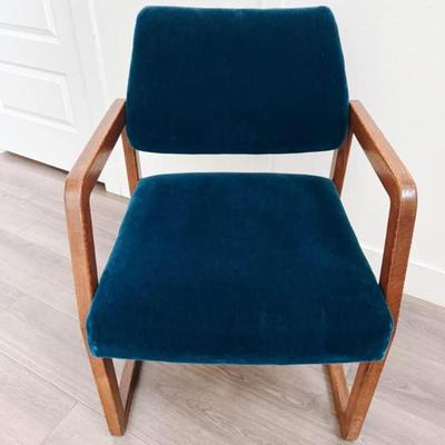 Vintage Mid Century Scandinavian Peacock Blue Mohair Velvet Upholstered Armchair w/Oak Sled Legs