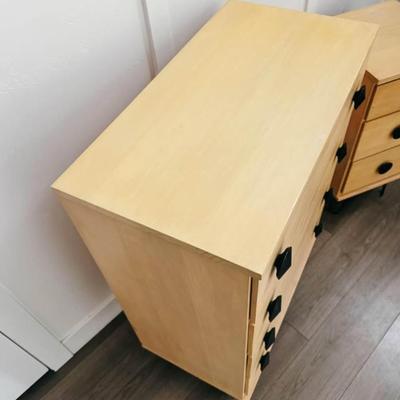 Vintage Mid Century 1950’s 4-Drawer High Boy Dresser & 3-Drawer Nightstand w/Black Round Conical Hardware & Hairpin Legs
