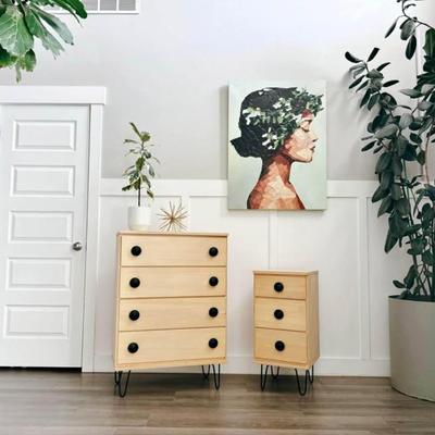 Vintage Mid Century 1950’s 4-Drawer High Boy Dresser & 3-Drawer Nightstand w/Black Round Conical Hardware & Hairpin Legs