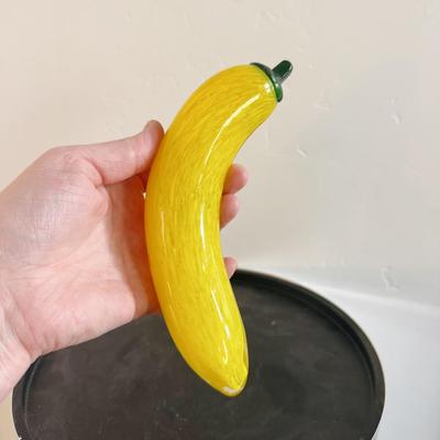 Hand Blown Art Glass Yellow Banana Fruit Green Stem Murano Style Glass Figurine