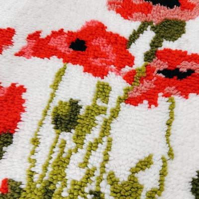 Vintage Mid Century 1960's Red Poppy Latch Hooked Rug Fiber Wall Hanging Art