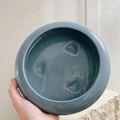 Vintage Mid Century Steel Blue Ceramic Glazed Flat Bowl Planter Vase Catch All