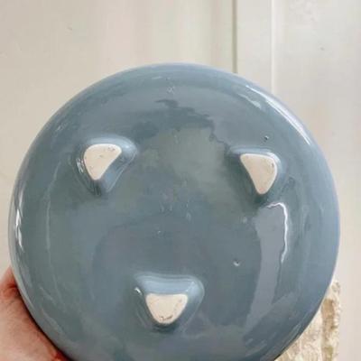 Vintage Mid Century Steel Blue Ceramic Glazed Flat Bowl Planter Vase Catch All