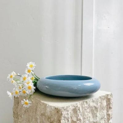 Vintage Mid Century Steel Blue Ceramic Glazed Flat Bowl Planter Vase Catch All