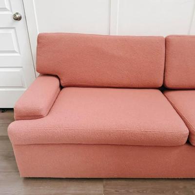Vintage Art Deco 1980’s Custom Made Mauve Pink Textured Boucle Upholstered Pillow Back Sofa Couch