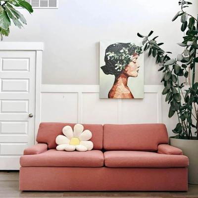Vintage Art Deco 1980’s Custom Made Mauve Pink Textured Boucle Upholstered Pillow Back Sofa Couch