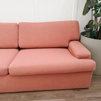 Vintage Art Deco 1980’s Custom Made Mauve Pink Textured Boucle Upholstered Pillow Back Sofa Couch