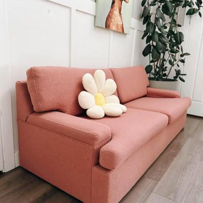 Vintage Art Deco 1980’s Custom Made Mauve Pink Textured Boucle Upholstered Pillow Back Sofa Couch