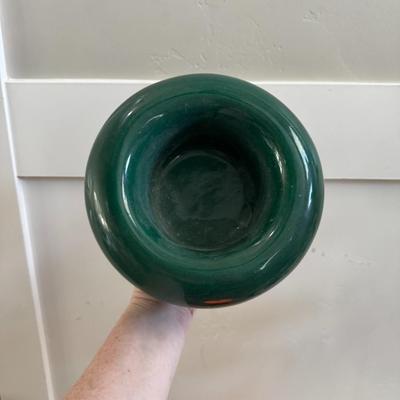 Rare Vintage Mid Century Emerald Green Ceramic Short & Squat Mushroom Catchall Short Flower Vase Centerpiece Bowl