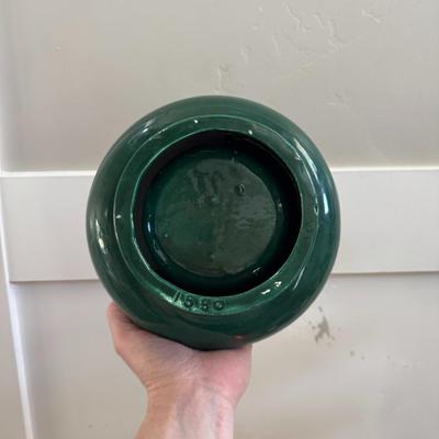 Rare Vintage Mid Century Emerald Green Ceramic Short & Squat Mushroom Catchall Short Flower Vase Centerpiece Bowl