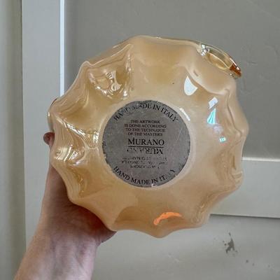 Large Vintage Italian Murano Handblown Glass Centerpiece Bowl w/Rolled Edges in Peach Lustre - Sticker Backstamp