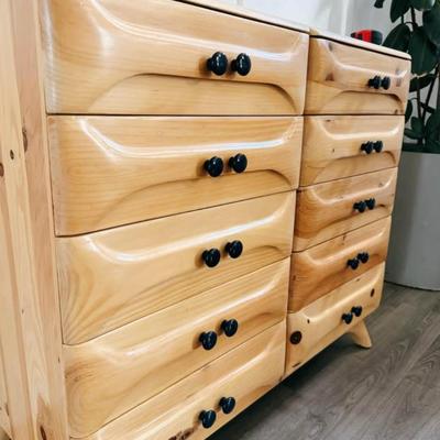 Vintage Mid Century 1950’s 10-Drawer Sculptured Pine Dresser Credenza w/Sculptural Facade Drawers & Tapered Legs by Franklin Shockey