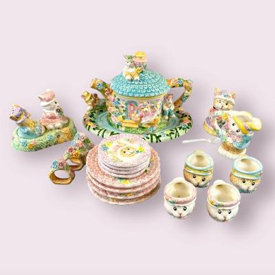 Complete 24 Piece Set - Vintage 1994 Mercuries "Bunnies in the Garden" - Easter Child's Tea Set Porcelain Tea Party,...