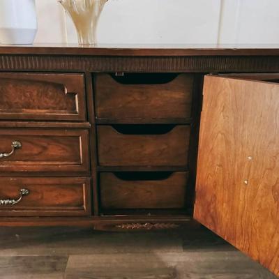 Vintage Italian Neoclassical Style 9-Drawer Dresser Credenza w/Floral, Shell & Fluted Carved Facade & Tapered Legs by Dixie