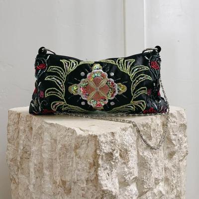 Vintage Black Satin Wire Beaded Embroidered Floral Evening Bag Crossbody Clutch
