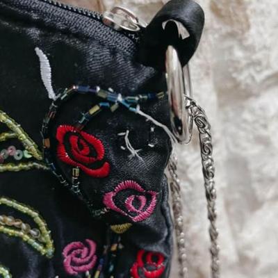 Vintage Black Satin Wire Beaded Embroidered Floral Evening Bag Crossbody Clutch