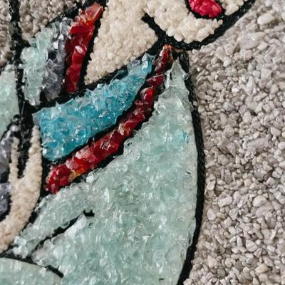 Vintage Mid Century Large Scale Japanese Gravel Geisha Pebble Art Wall Hanging w/Beveled Wood Frame
