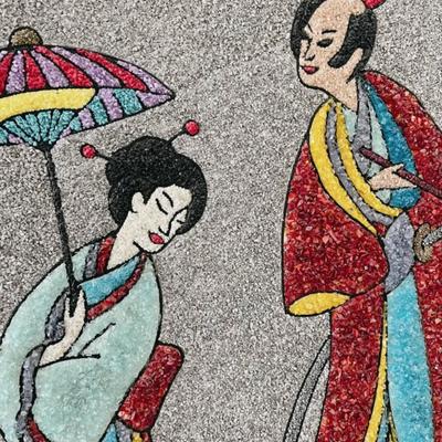 Vintage Mid Century Large Scale Japanese Gravel Geisha Pebble Art Wall Hanging w/Beveled Wood Frame
