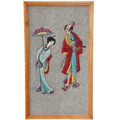 Vintage Mid Century Large Scale Japanese Gravel Geisha Pebble Art Wall Hanging w/Beveled Wood Frame