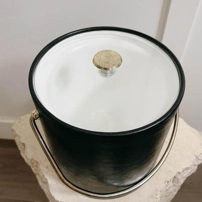 Vintage Black Leather Wrapped Ice Bucket w/Brass Hardware & Acrylic Lid by Kraftware
