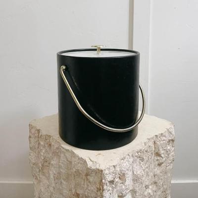 Vintage Black Leather Wrapped Ice Bucket w/Brass Hardware & Acrylic Lid by Kraftware