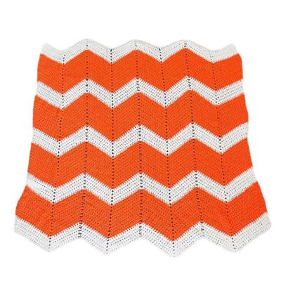 Vintage Mid Century Neon Orange & White Chevron Stripe Hand Crochet Knitted Throw Blanket