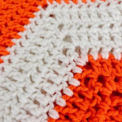 Vintage Mid Century Neon Orange & White Chevron Stripe Hand Crochet Knitted Throw Blanket