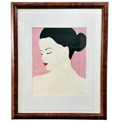Original Painting of Dark-Haired Woman on Pink Background in Vintage Burl Wood Frame